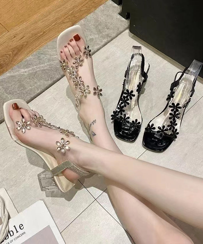 Black Clear Chunky Heels Floral Splicing Sandals Peep Toe