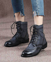 Black Comfy Boots Cowhide Leather Retro Cross Strap Splicing