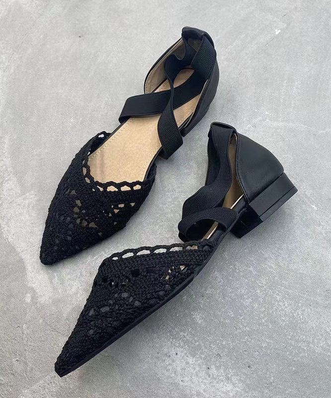 Black Comfy Cotton Fabric Flat Sandals Hollow Out Pointed Toe