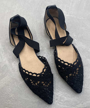 Black Comfy Cotton Fabric Flat Sandals Hollow Out Pointed Toe