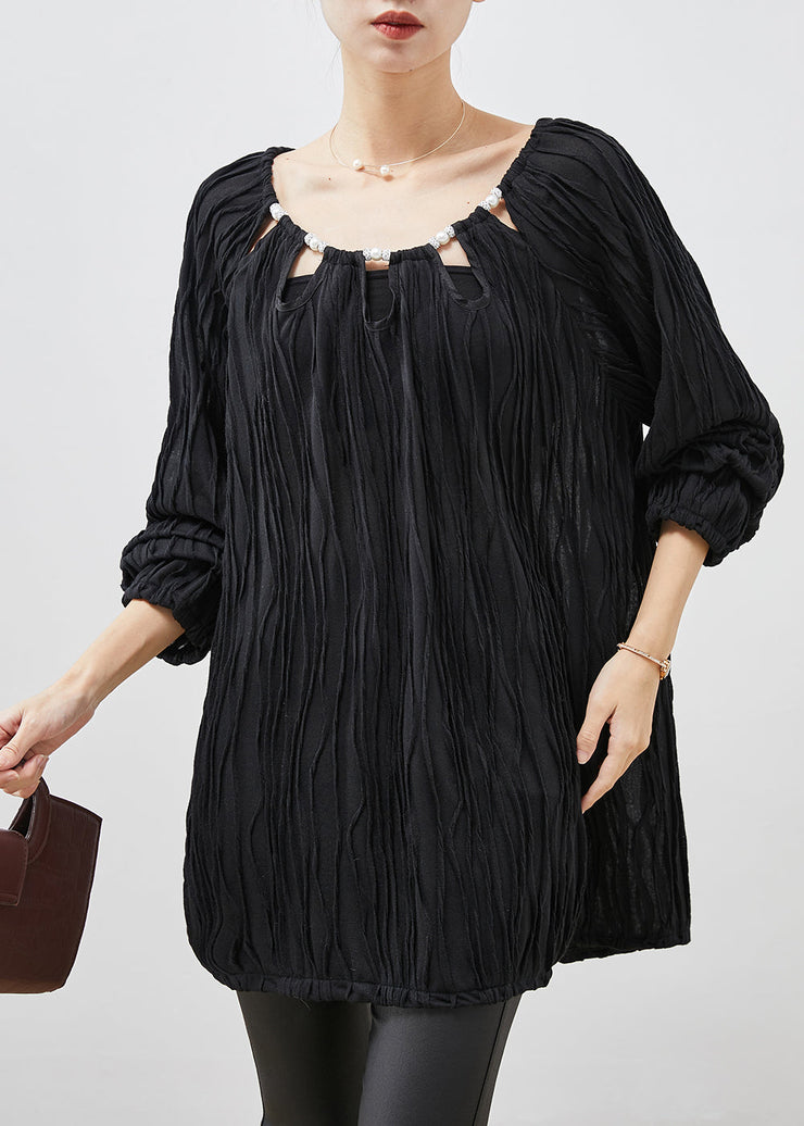 Black Cotton Blouse Tops Wrinkled Hollow Out Spring