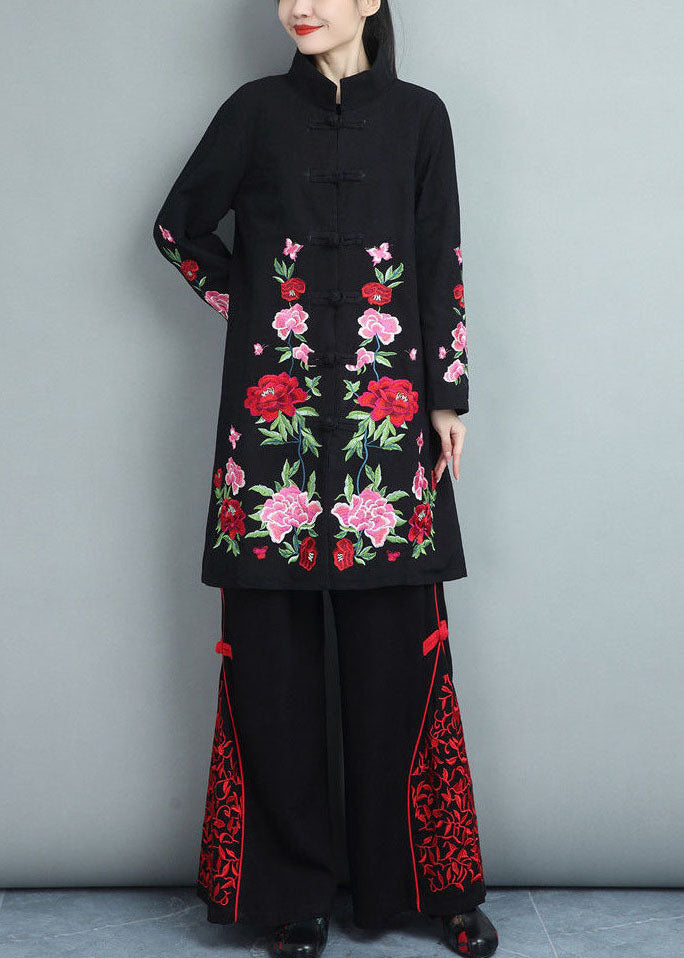 Black Cotton Coats Embroideried Oriental Button Fall