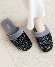 Black Cotton Fabric Slippers Shoes Sequins Fuzzy Wool Lined