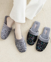 Black Cotton Fabric Slippers Shoes Sequins Fuzzy Wool Lined