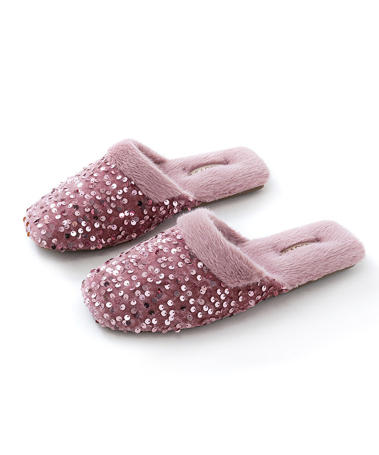 Black Cotton Fabric Slippers Shoes Sequins Fuzzy Wool Lined