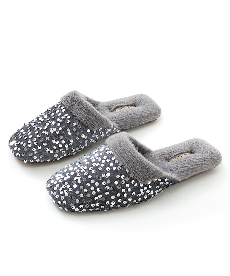 Black Cotton Fabric Slippers Shoes Sequins Fuzzy Wool Lined