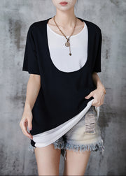 Black Cotton Fake Two Piece Tanks Asymmetrical Design Summer