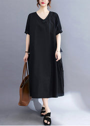 Black Cotton Holiday Dress Oversized Pockets Summer