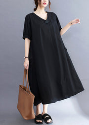 Black Cotton Holiday Dress Oversized Pockets Summer