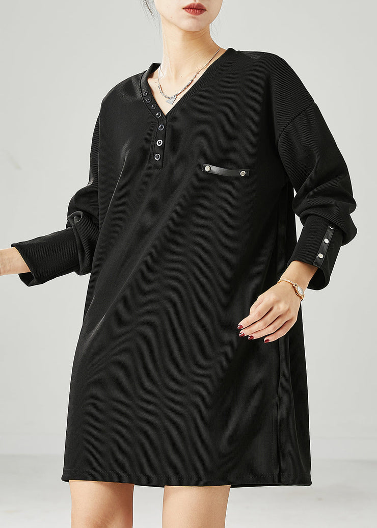 Black Cotton Loose Sweatshirt Dress V Neck Button Spring