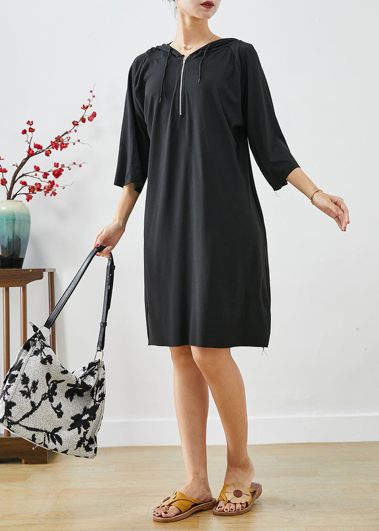 Black Cotton Loose Sweatshirts Dress Oversized Zippered Summer