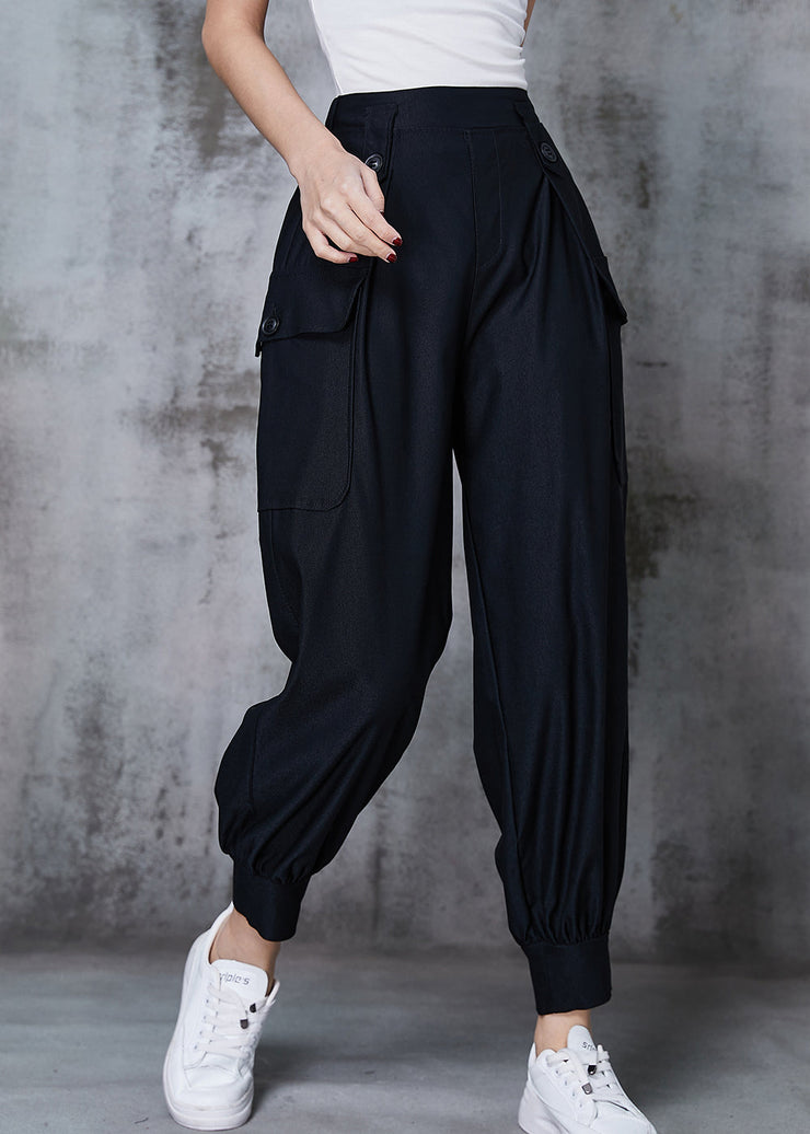 Black Cotton Pants Trousers Elastic Waist Pockets Spring