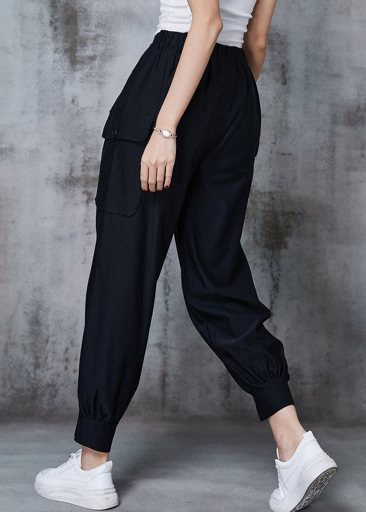 Black Cotton Pants Trousers Elastic Waist Pockets Spring