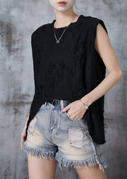 Black Cotton Ripped Tank Tops Asymmetrical Design Summer