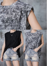 Black Cotton Ripped Tank Tops Asymmetrical Design Summer