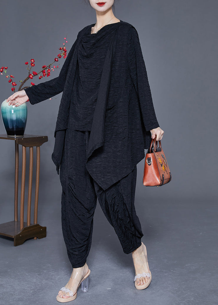 Black Cotton Three Piece Set Women Clothing Oversized Wrinkled Spring