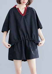 Black Cotton Two Piece Set Women Clothing V Neck Drawstring Summer