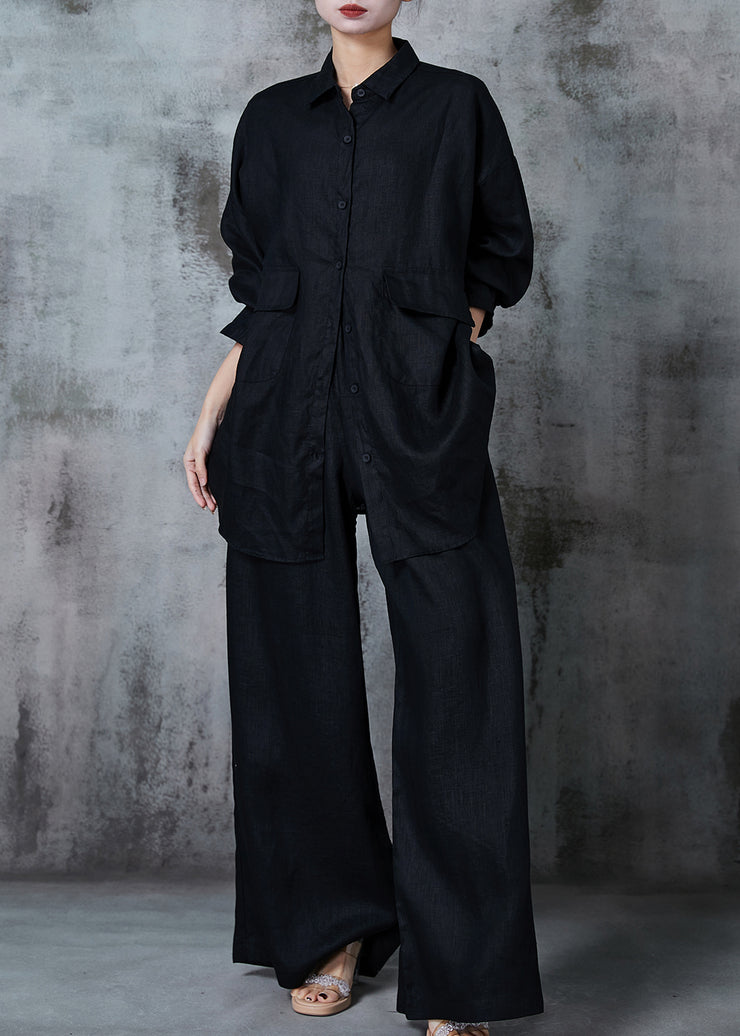 Black Cotton Two Pieces Set Oversized Pockets Summer