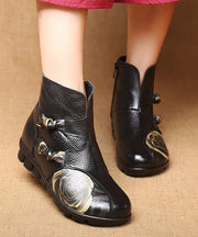 Black Cowhide Leather Boots Handmade Vintage Splicing Embossed