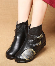 Black Cowhide Leather Boots Handmade Vintage Splicing Embossed