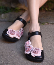 Black Cowhide Leather Classy Buckle Strap Splicing Floral Walking Sandals