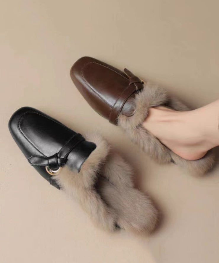 Black Cowhide Leather Comfy Fuzzy Wool Lined Slide Sandals