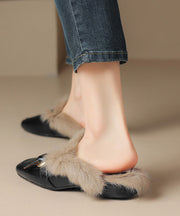 Black Cowhide Leather Comfy Fuzzy Wool Lined Slide Sandals