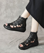 Black Cowhide Leather Hollow Out Splicing Peep Toe Platform Sandals