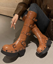 Black Cowhide Leather Rivet Buckle Splicing Platform Boots