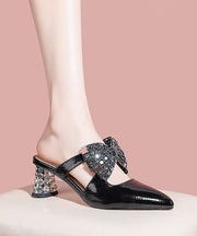 Black Cowhide Leather Splicing Elegant Bow Zircon Slide Sandals