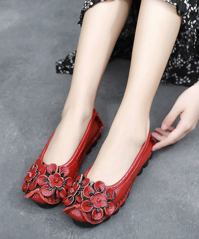 Black Cowhide Leather Splicing Floral Flat Shoes For Women