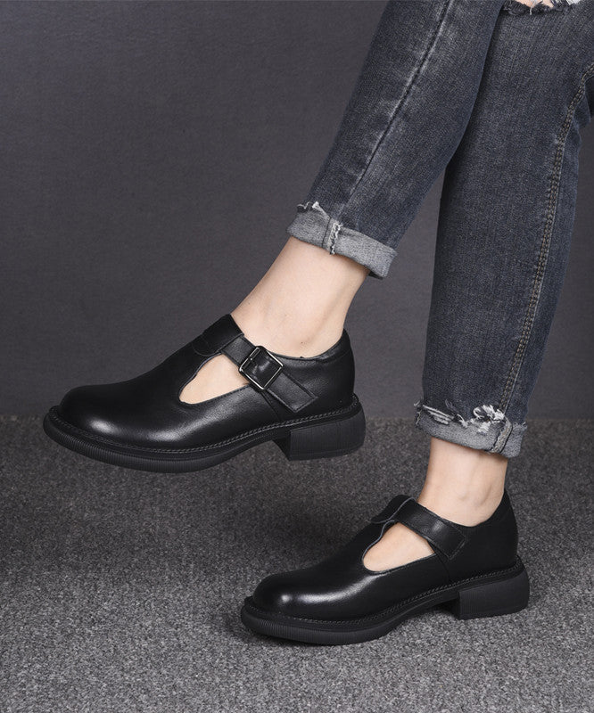 Black Cowhide Leather Women Simple Splicing Buckle Strap Flats