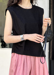 Black Cozy Solid Linen Tops O Neck Summer