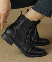 Black Cross Strap Splicing Cowhide Leather Chunky Boots