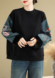 Black Denim Patchwork Cotton Pullover Embroidered Spring