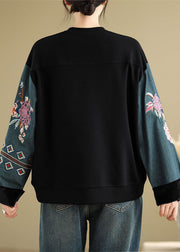 Black Denim Patchwork Cotton Pullover Embroidered Spring