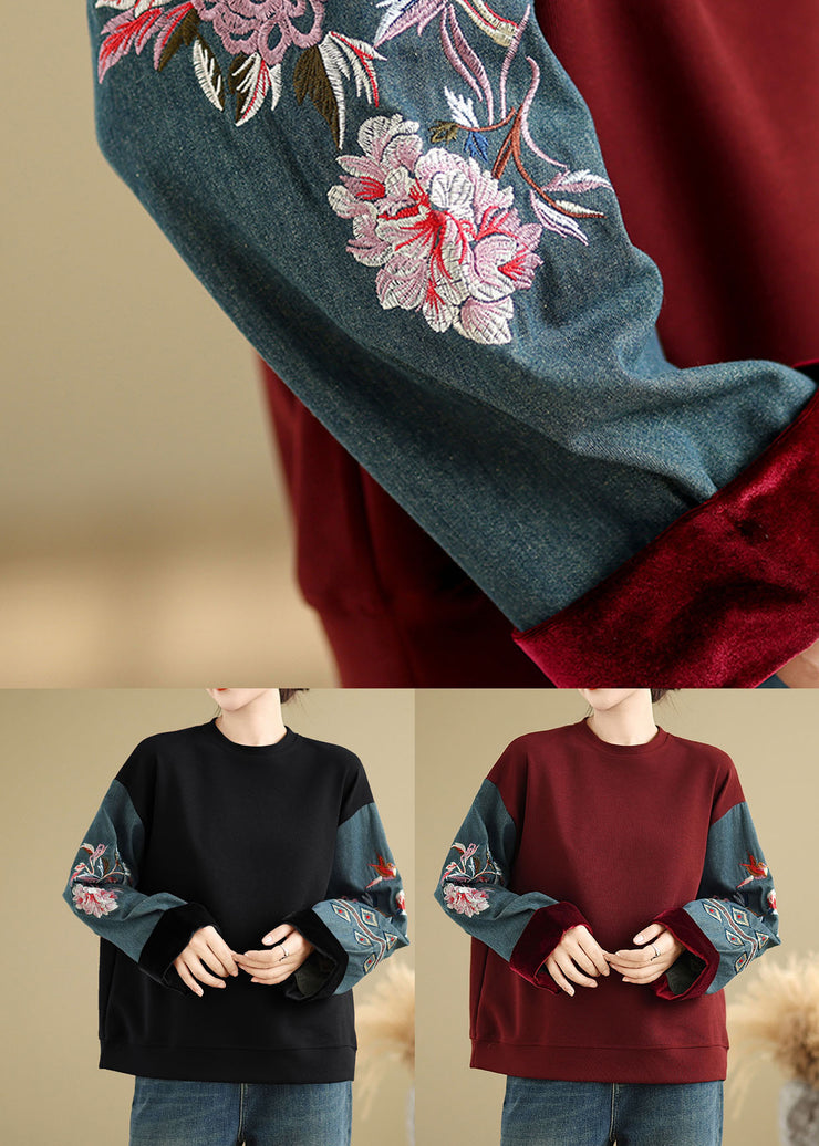 Black Denim Patchwork Cotton Pullover Embroidered Spring