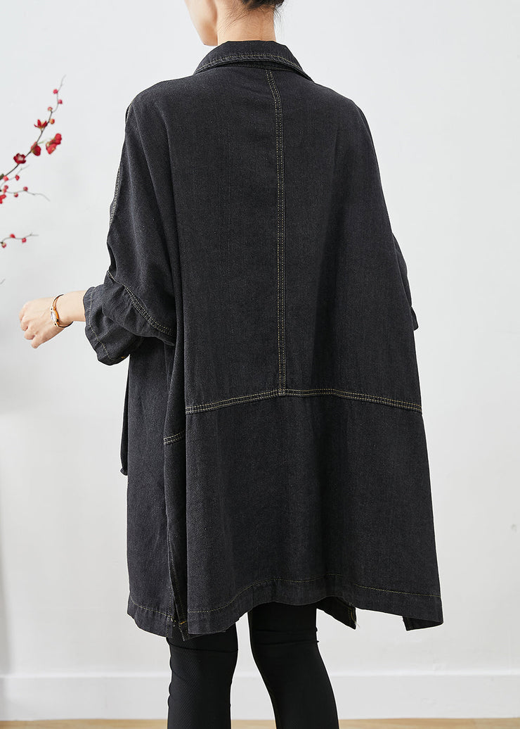 Black Denim Trench Oversized Pockets Batwing Sleeve