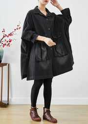 Black Denim Trench Oversized Pockets Batwing Sleeve