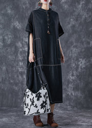 Black Denim Vacation Dresses Stand Collar Pockets Summer