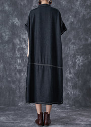 Black Denim Vacation Dresses Stand Collar Pockets Summer