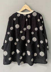 Black Dot Patchwork Linen Top O Neck Long Sleeve