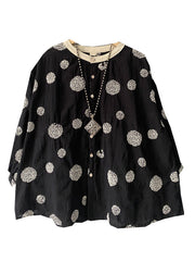 Black Dot Patchwork Linen Top O Neck Long Sleeve