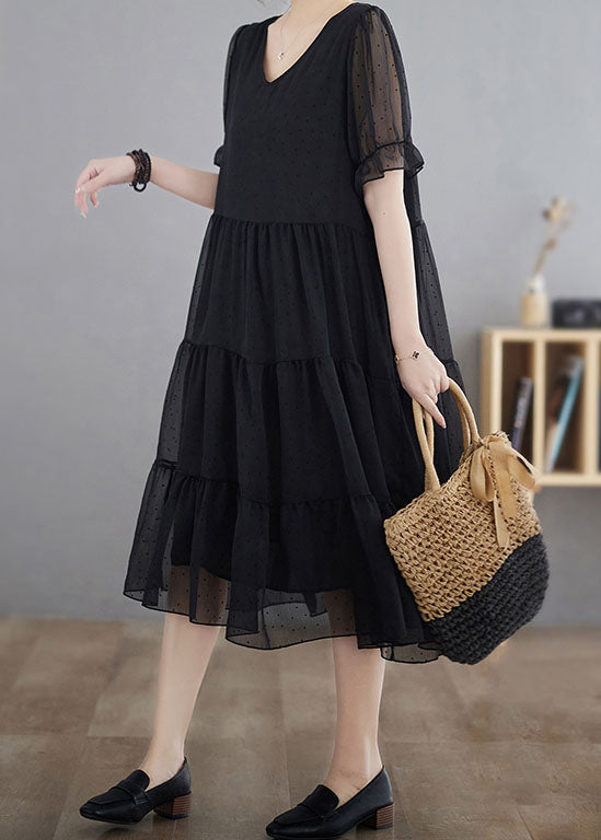 Black Dot Print Patchwork Chiffon Dresses V Neck Wrinkled Summer