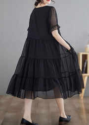 Black Dot Print Patchwork Chiffon Dresses V Neck Wrinkled Summer