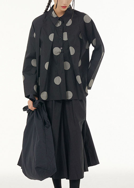 Black Dot Print Patchwork Cotton Shirt Peter Pan Collar Wrinkled Spring