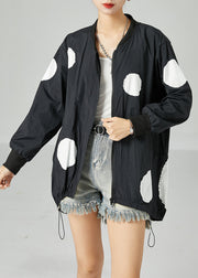 Black Dot Print Silk Jacket Stand Collar Drawstring Spring