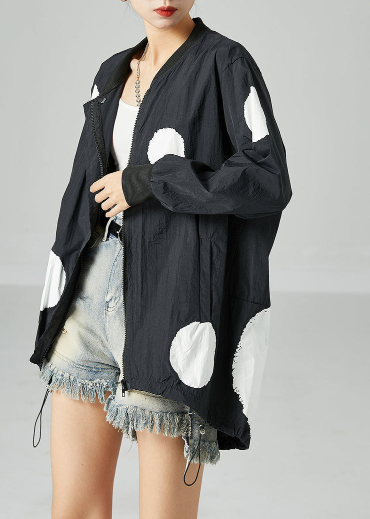 Black Dot Print Silk Jacket Stand Collar Drawstring Spring