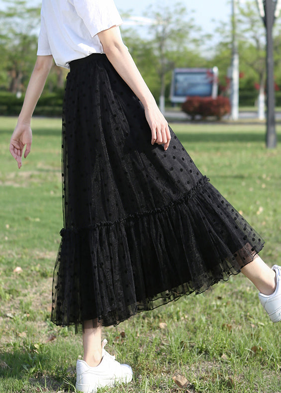 Black Dot Ruffled Tulle Skirt Elastic Waist Summer