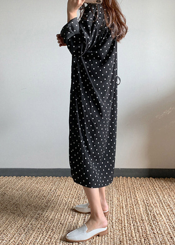 Black Dot Side Open Maxi Dress Long Sleeve